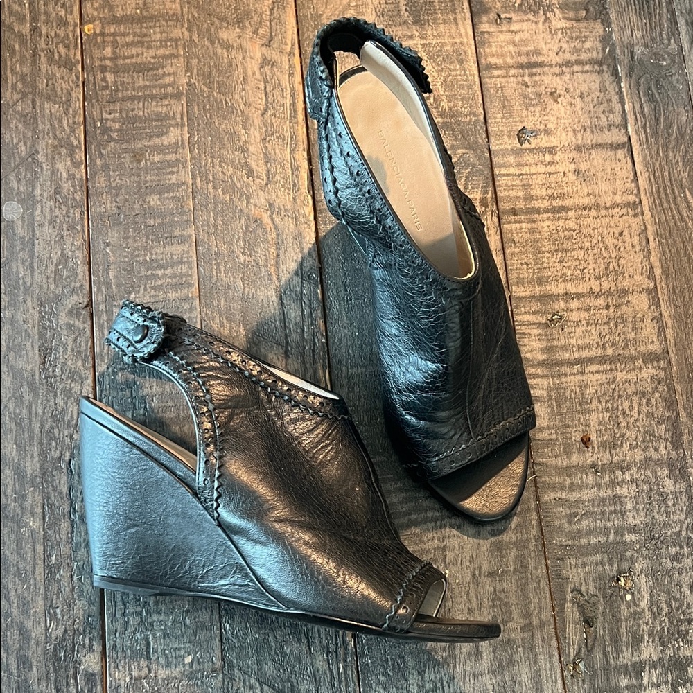 Balenciaga Black Leather Peep-Toe Wedge Sandals